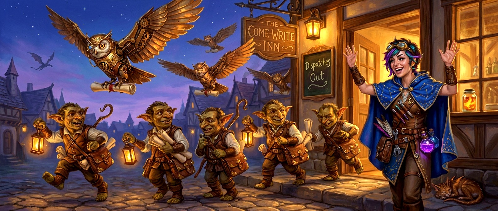 A small band of goblin couriers bursts out of The Come Write Inn at twilight with rolled scrolls and lanterns, while a flock of clockwork owls led by Professor Hoot wings overhead carrying dispatches. The Bartender waves from the open doorway.